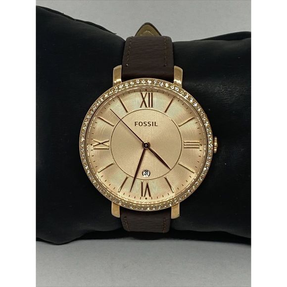 Fossil Jacqueline ES3546 Women Brown Leather Analog Rose Dial Quartz Watch WO47 - Picture 1 of 12